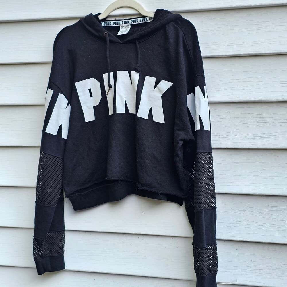 PINK Victoria's Secret Black Mesh Sleeve Cropped Hoodie Logo Streetwear